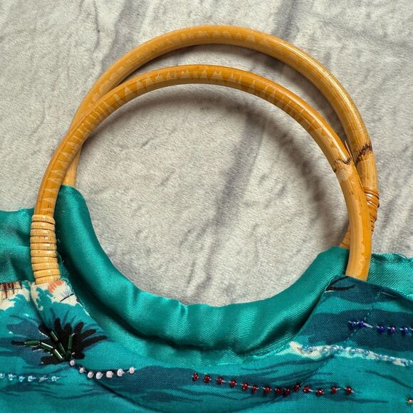 VTG Marlin Tropical Hawaiian Beaded Tote Handbag Purse Swordfish Bamboo Handles - Picture 11 of 16